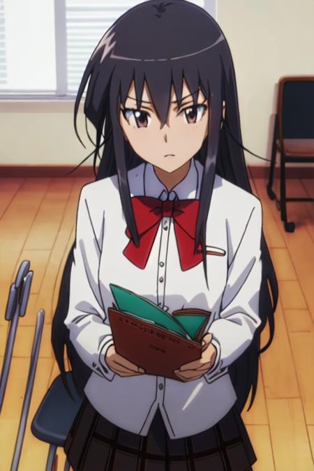 best quality, masterpiece, highres, solo, {amakusa_shino_seitokaiyakuindomo:1.15}, long_hair, black_hair, brown_eyes, bow, 1girl, school_uniform