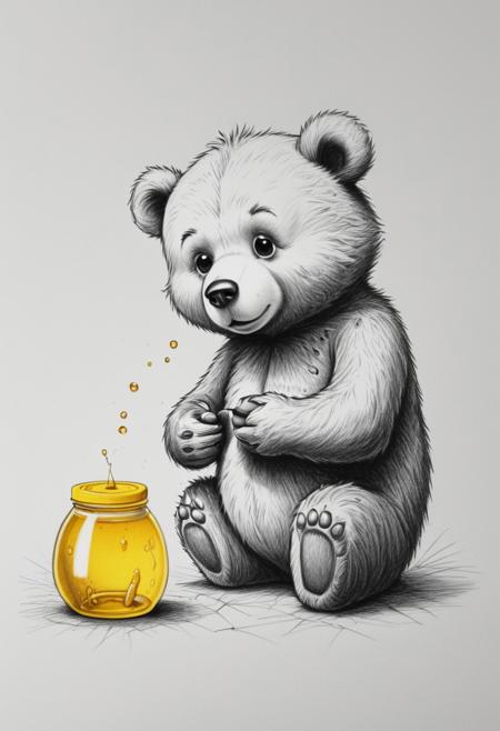 Score_9, Score_8_up, Score_7_up, Score_6_up, Score_5_up, Score_4_up, Cute Cartoon Character, 1 extremely cute little bear is sitting, looking down to 1 yellow honey pot , white background, Black Pencil Drawing, Black and White Drawing, Graphite Drawing, ,ral-dissolve, realistic, highly detailed, extremely detailed, masterpiece, award winning