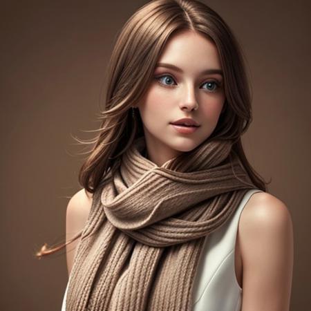 a beautiful woman with a sleeveless dress and a long woolen winter scarf wrapped around her neck and soft and a long silky-free hair in a brown background