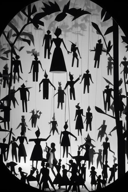 <lora:Lotte Reinige Style:1>Lotte Reinige Style - An animated experimental short, looping fragmented scenes of barrel tumblers and aerialists in a constructivist void. In the absurdist cut-out style of early surrealist films by animators Lotte Reiniger and Oskar Fischinger.