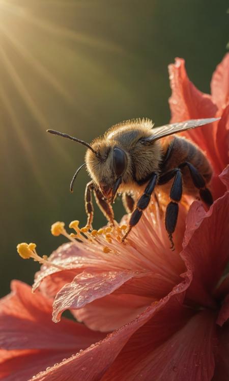 macro photography, bee, (pollen), red hibiscus, morning dew, golden hour, light rays, <lora:add-detail-xl:1>