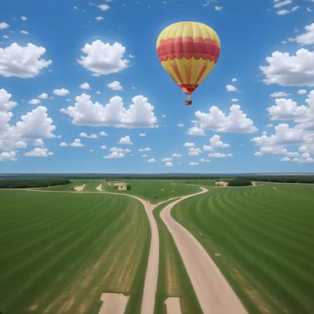 outdoors, (hot air balloon:1.2) grass, sky, clouds, path <lora:Liminal_Spaces_XL:1>