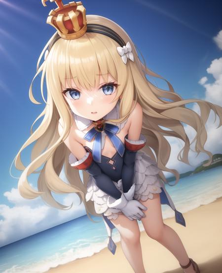 eqlc, 1girl, full body, long hair, solo, strapless dress, blonde hair, crown, blue eyes, gloves, hairband, looking at viewer, white gloves, small breasts, flat chest, bow, hairband, detached sleeves, bangs, mini crown, detached collar, sand, beach, summer, sky, day, (pow, hugging own legs, worm eye view:1.1)