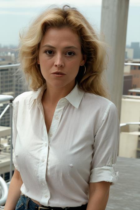 closeup of sgwver wearing a shirt, a rooftop penthouse at noon, blonde hair, <lora:SgWver_v3_locon_64_64:1>