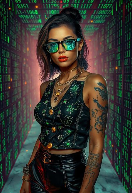 Explore a mesmerizing cybernetic labyrinth filled with scrolling code streams. A woman commands attention with her striking presence. Her gold-buttoned top is adorned with pixel-art constellations, paired with leather pants pulsing with embedded LED circuits. Sunglasses reflect vibrant strings of binary, and a layered necklace projects dynamic holographic runes. The background becomes a grid of shifting emerald green and lime pixels, creating an immersive tech maze bursting with energy. Syd Mead’s digital minimalism harmonizes with Rolf Armstrong's retro-futuristic charm: glowing tattoos embellish her arms, a playful wink directed at the viewer, and a vibrant skin tone. Add flickering code trails and dynamic glitch effects for added visual interest. Capture the essence of Norman Rockwell’s painterly style with visible brushstrokes, highlighting the textures of the velvet and marble. The lighting is warm and inviting, creating a sense of classic beauty and nostalgic allure.