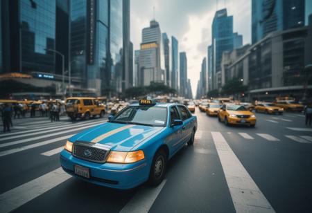 wide-angle camera. A blue-beige cyberpunk taxi turns at an intersection. there is a diamond-shaped shiny stripe on the blue and beige crania. a busy intersection. skyscrapers. amazing depth of field, stunning extensive details, natural ambient lighting, add details xl,attractiveness, cinematic photography, stunning facial texture detail, hard focus, amazing depth of field, stunning extensive details, natural ambient lighting, add detail