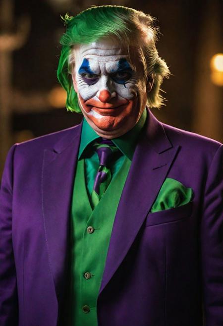 Generate a satirical and cinematic image depicting Donald Trump in a Joker's costume within the stylized world of a Batman film. Envision Trump adorned in an intricately detailed Joker outfit, complete with the iconic purple suit, green hair, and the Joker's characteristic makeup,(Masterpiece:1.3) (best quality:1.2) (high quality:1.1)