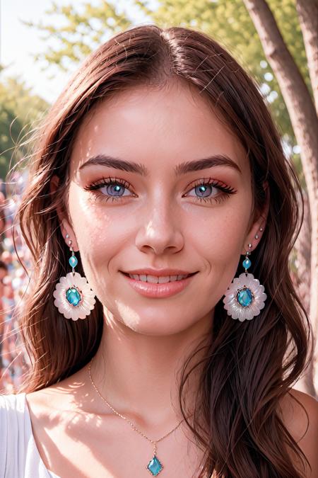 Photorealism Style,  bare shoulders,  day,  portrait,  dappled sunlight,  closed mouth,  close-up,  jewelry,  blurry background,  eyelashes,  smile,  forehead,  solo,  1girl,  looking at viewer,  outdoors,  brown hair,  lips,  blurry,  long hair,  earrings,  makeup,  blue eyes, <lora:EMS-49351-EMS:0.800000>