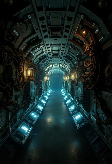A terrifying corridor within a decaying spaceship, illuminated by a few flickering, weak lights. The walls are covered in strange, pulsating organic matter, and the air is filled with an eerie, low hum. The floor is slick with an unknown, dark substance, and the corridor seems to stretch endlessly into the darkness. There's an overwhelming sense of dread, as if the ship itself is alive and malevolent.