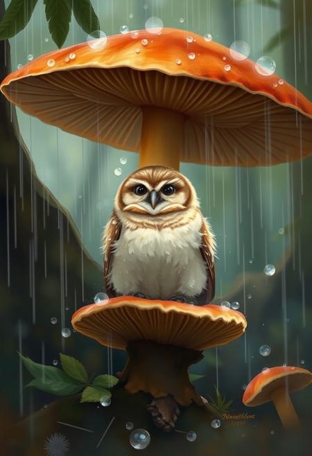 In the hushed stillness of a temperate forest awash in silken rainfall, a diminutive avian ambassador presides regally amidst the undergrowth. Sheltering beneath the flared umbrella of a burnished russet agaricus, the petite owlet surveys its aqueous kingdom with a gaze equal parts wise and winsome. Downy plumage of tawny and ivory hues ruffles subtly in the breeze-borne kisses of precipitation, each filament dewdrop-laden and luminous. Gossamer wisps of vapor curl sensually around the fungal pedestal, softening edges and lending an ethereal nimbus to the tableau. Beyond the immediate sanctuary, the woodland murmurs with the susurrus of falling water, leaves and needles acting as thousands of percussive instruments in a symphony composed by the elements themselves.
impressionist painting, loose brushwork, vibrant color, light and shadow play, captures feeling over form, surreal, digital artwork, 
beautiful, painterly, detailed, textural, artistic, aesthetic, intricate details, highly detailed, vivid, vibrant, volumetric lighting, 
aidmaMJ6.1
