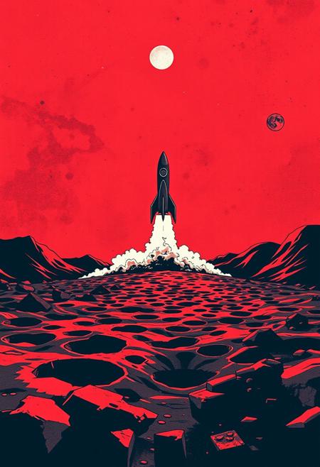 Inkpunk Anime, red and black theme, dramatic illustration of a rocket taking off from a lunar landscape, cratered and pitted, directional shadows from an unseen sun, dramatic sky with stars and nebulas