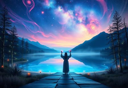 A mystical, ethereal landscape at twilight with a glowing crystal lake at its center, reflecting a radiant, multicolored sky of swirling nebulae and distant galaxies. Tall, bioluminescent trees with intricate, glowing patterns line the edges of the lake, while delicate mist swirls above the water’s surface. At the horizon, majestic mountains rise into the sky, their peaks crowned with iridescent clouds. In the foreground, a lone figure dressed in flowing robes stands on a smooth stone path leading to the lake, their hands raised in a gesture of summoning magic, surrounded by softly glowing orbs of light. The scene is infused with an otherworldly calm and deep sense of wonder, as if time itself is slowing down in this serene, alien realm.