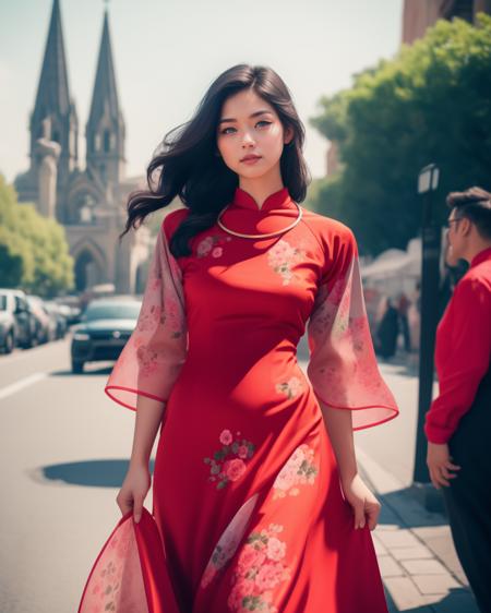 cinematic film still photogenic adult woman, beautiful,  honey very long hair,  blue eyes, wearing red dress, dr3ss, wearing ((floral print)) dress, (pants), <lora:AoDai-30:0.75>, high quality, best quality, highres, 8k, rim lighting, outdoors, cathedral backdrop, necklace . shallow depth of field, vignette, highly detailed, high budget, bokeh, cinemascope, moody, epic, gorgeous, film grain, grainy