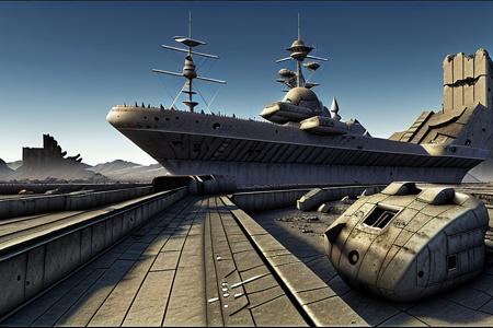 a space pirate battleship among the ruins of an advanced, futuristic city