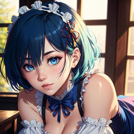 1girl, ultra high quality, ultra high res, masterpiece, realistic, photo-realistic:1.37, best quality, detailed eye makeup, detail face, nice detailed eyes, heavy eye makeup, cleavage, blue hair, maid headdress, maid, blue eyes, white_legwear, (detached_sleeves:1.2), portrait, maid apron, Kpop idol, (aegyo sal:1), natural light, light on face, cinematic lighting, full body, closeup, nsfw, small breast, rem \(re:zero\), rem \(re:zero\), (light blue short hair),