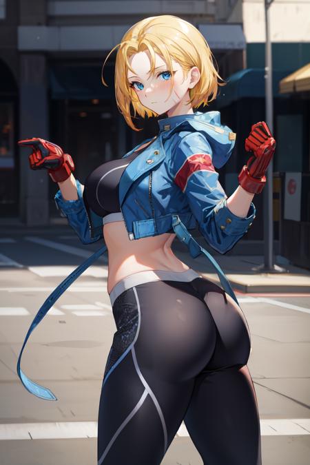 <lora:cammy_white-v2:1>cammy sf6, black sports bra, union jack, 1girl, solo, black pants, american flag, blush, looking at viewer, tight pants,blue eyes, pants, scar on face, large breasts, red gloves, scar on cheek, yoga pants, ass, cropped jacket, blurry, scar, thick thighs, blurry background, blonde hair, sports bra, short hair, gloves, thighs, blue jacket, jacket, seiza