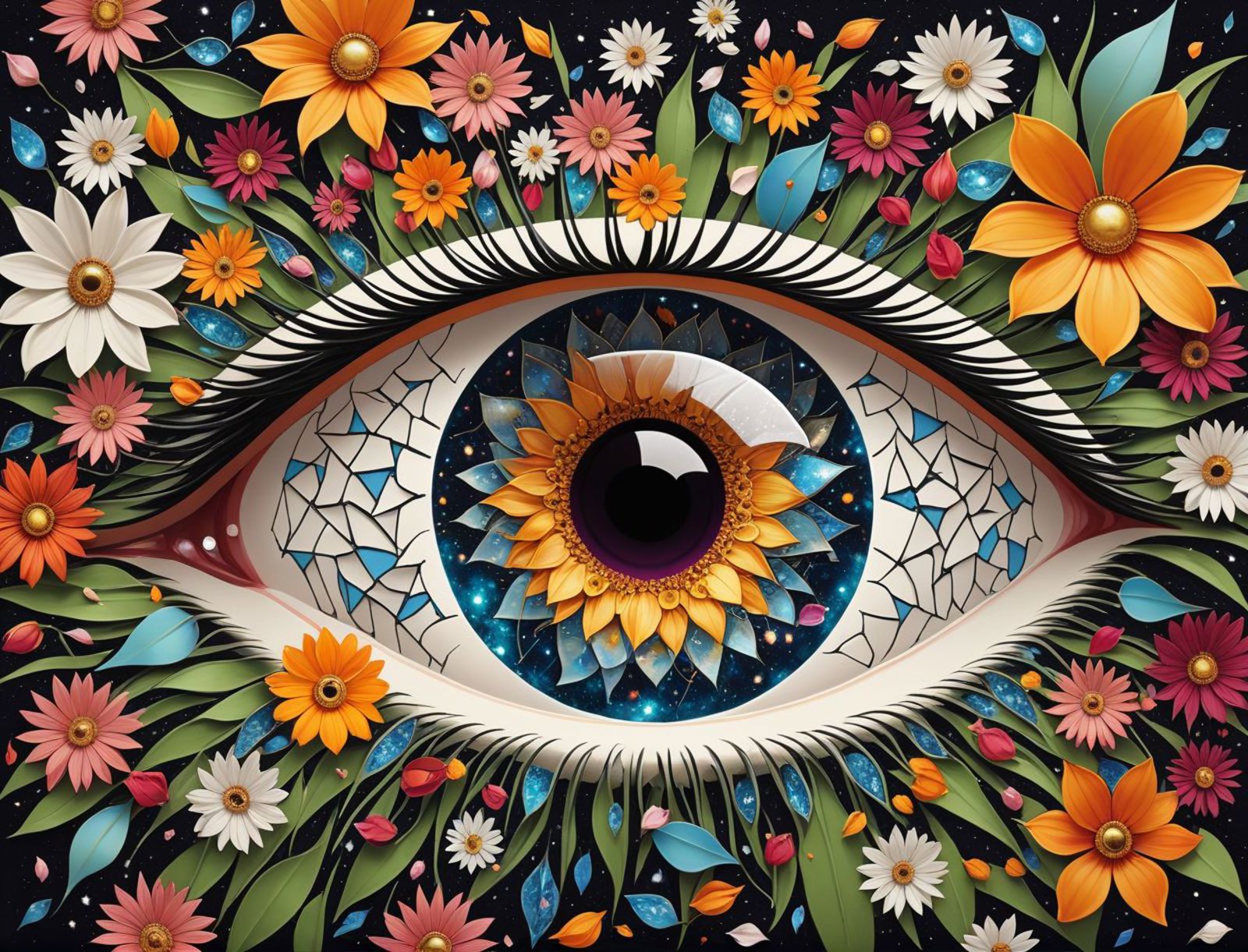 Colorful Eye with Sunflowers and Flowers - Eye Art