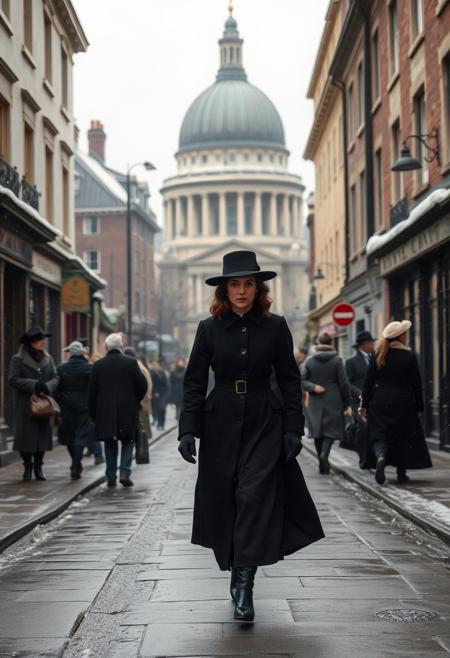 Dickensian London, A street scene from early Victorian London (around St Paul's circa 1843), winter, cold, a few people in Victorian costume, winter clothing, frost, a dark-haired woman aged c35 (authentic Victorian era black dress and hat)  walks towards the viewer ((front view)), detailed view of the City of London in the 19th century, period detail, Victorian, hyperrealistic, 8K resolution.