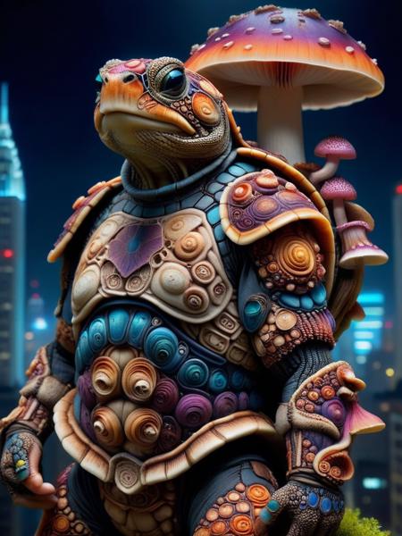 In this stunning piece, a Tortle warrior emerges from the shadows of a neon-lit cityscape in the background with a dark nebula sky, wearing mushroom armor that blends seamlessly with their scaly skin, mushroomz  <lora:mushroomz:1>