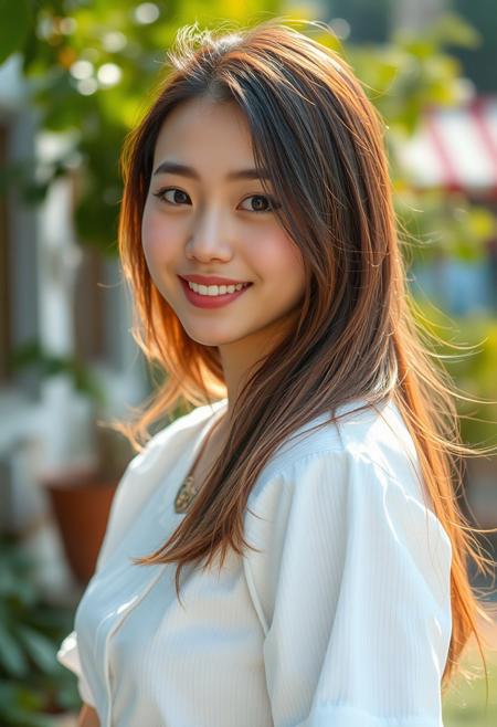 8k, hyper-realistic, masterpiece, ultra hd, hdr, cinematic quality, ultra detailed, film photography, ultra detailed, vibrant saturation, color accuracy, high fidelity, pixel-perfect, noise-free, refined clarity, enhanced contrast, luminous, brightness, visual precision, subtle gradations, optical accuracy, fine elaboration, perfect sharpness, vivid colors, texture-rich, scenic beauty, soft focus, photorealistic, subsurface scattering, absurd res, epic, reflections, absolutely eye-catching, dynamic pose, graphical effects, particles, long soft neat hair, cute woman, soft smile, summer, neat clothes