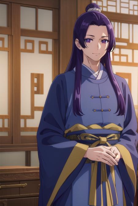 jinshi, long hair, (purple eyes:1.1), purple hair, male focus, hair bun, (parted bangs:1.5), long sleeves, wide sleeves, chinese clothes, robe, hanfu,