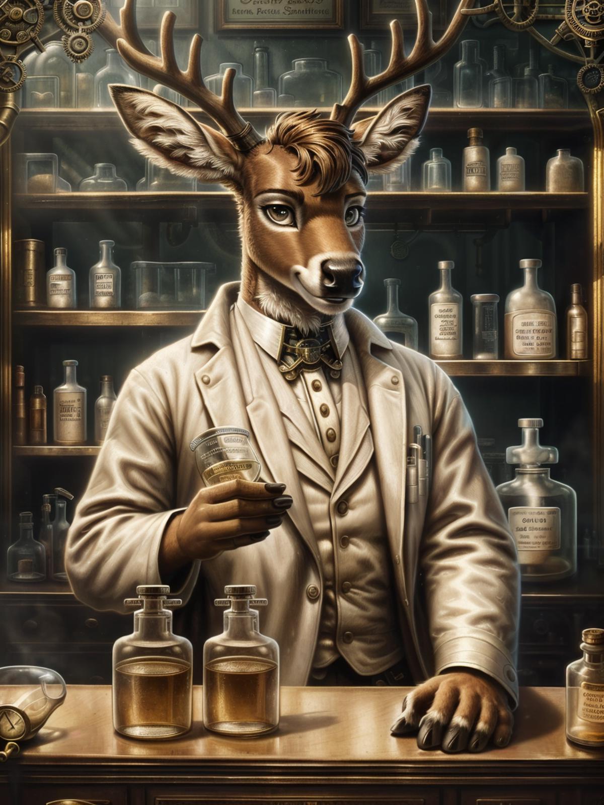 A deer wearing a lab coat and holding a beaker.