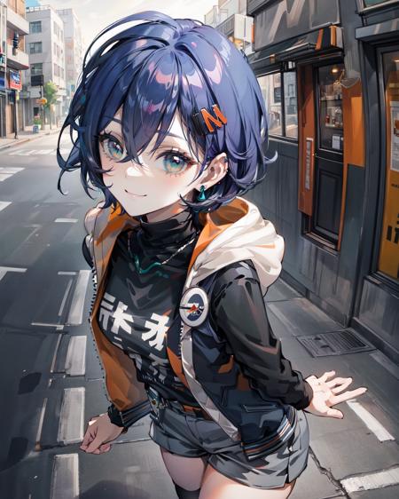 1girl, solo, jacket, blue hair, hood, jewelry, earrings, hair ornament, bangs, short hair, shirt, hair between eyes, black shirt, hoodie, hair behind ear, hairclip, green eyes, black jacket, black sweater, open clothes,