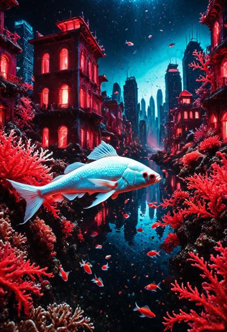 masterpiece, best quality, very aesthetic, absurdres,(score_9, score_8_up, score_7_up), createconcept, addmicrodetails, epic background, ((underwater)) cityscape with colorful red corals buildings, a (fish) covered in red corals, glowing eyes, vivid eye color, (beautiful eyes:1.2), (gradient iris, crisp iris edges), confident pose, action dynamic pose, lazypos, ((underwater)),