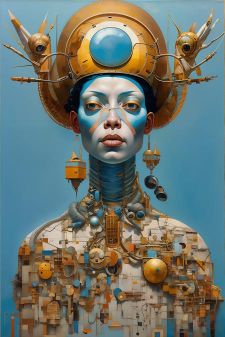 in the style of cyberpunk futurism, african influence, etam cru, light blue and gold, michael creese, steelpunk, michael hussar, white background, best quality, high quality, editorial photo, absurdres, masterpiece, intricate detail, film grain,