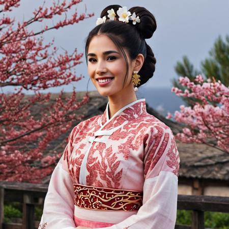 made of wagyu, score_10 , score_9, score_8_up, score_8, Masterpiece, High Details, HD, 8K, Photorealistic, perfect, High Quality, a woman, asian, black hair, brown eyes, chinese clothes, wagyu texture, clothes, medium body shot, smiling, dress made of wagyu, earrings, wagyu patterns, highly detailed, photorealistic, fence, print, flower, hair bun,wagyu hair ornament, hair stick, hand up, jewelry, leaf, light skin, light smile, lipstick, long hair, long sleeves, looking at viewer, makeup, moon, night, outdoors, parted bangs, plant, railing, red lips, single hair bun, sky, sleeves past wrists, slim, solo, standing, updo, upper body, pink and white hanfu, white flower, wide sleeves,