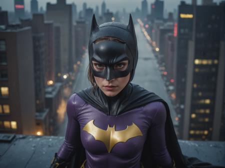 (((aerial view)))  ((from above))cinematic, heavy rain,colour graded, analog photograph using a Nikon F6 with strong film grain and bokeh effect, 25-year-old fighting pose, on a thunderstorm night rooftop ledge, dramatic lighting, gritty, futuristic New York City, noir feel, purple and gold Batgirl superhero suit with a mask, detailed face and eyes with visible pores and scars, 2077 cyperpunk