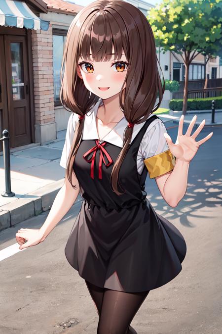 masterpiece, best quality, highres, aamiko, long hair, low twintails, blunt bangs, collarbone, neck ribbon, red ribbon, pinafore dress, short sleeves, armband, black pantyhose, <lora:iino_miko_v1:0.8>, waving, smile, street