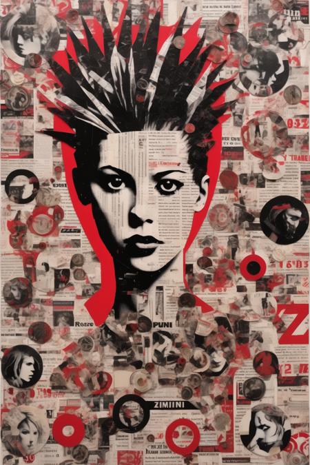 <lora:Punk Collage:1>Punk Collage - black, white and red, flat, 2D punk rock poster made up of magazine clippings that represent the Zodiac sign Gemini