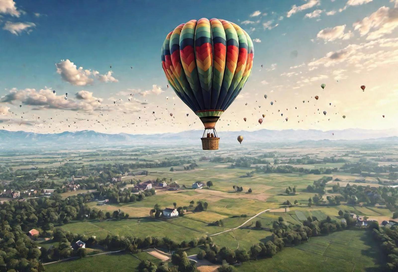A Field of Houses with a Rainbow Colored Hot Air Balloon Flying Over It