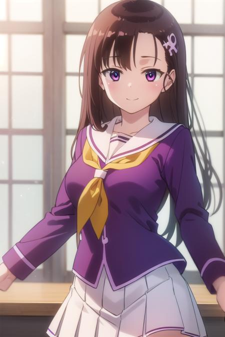 hitomihino, <lora:hitomi hino s1-lora-nochekaiser:1>,
hitomi hino, long hair, black hair, hair ornament, (purple eyes:1.1), smile,
BREAK skirt, school uniform, pleated skirt, serafuku, white skirt, shirt, purple shirt, sailor collar, white sailor collar, long sleeves, neckerchief, yellow neckerchief,
BREAK indoors, classroom,
BREAK looking at viewer, (cowboy shot:1.5),
BREAK <lyco:GoodHands-beta2:1>, (masterpiece:1.2), best quality, high resolution, unity 8k wallpaper, (illustration:0.8), (beautiful detailed eyes:1.6), extremely detailed face, perfect lighting, extremely detailed CG, (perfect hands, perfect anatomy),