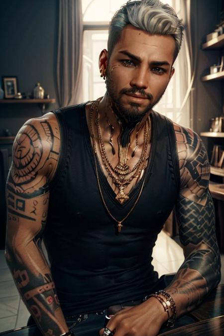 KerryEuro, 1boy, jewelry, male focus, solo, ring, facial hair, tattoo, necklace, dark skin, beard, dark-skinned male, looking at viewer, upper body, earrings, tank top, realistic, arm tattoo, indoors
masterpiece, best quality,
<lora:add_detail:0.7>,<lora:epi_noiseoffset2:1>,   <lora:KerryEuro:0.7>