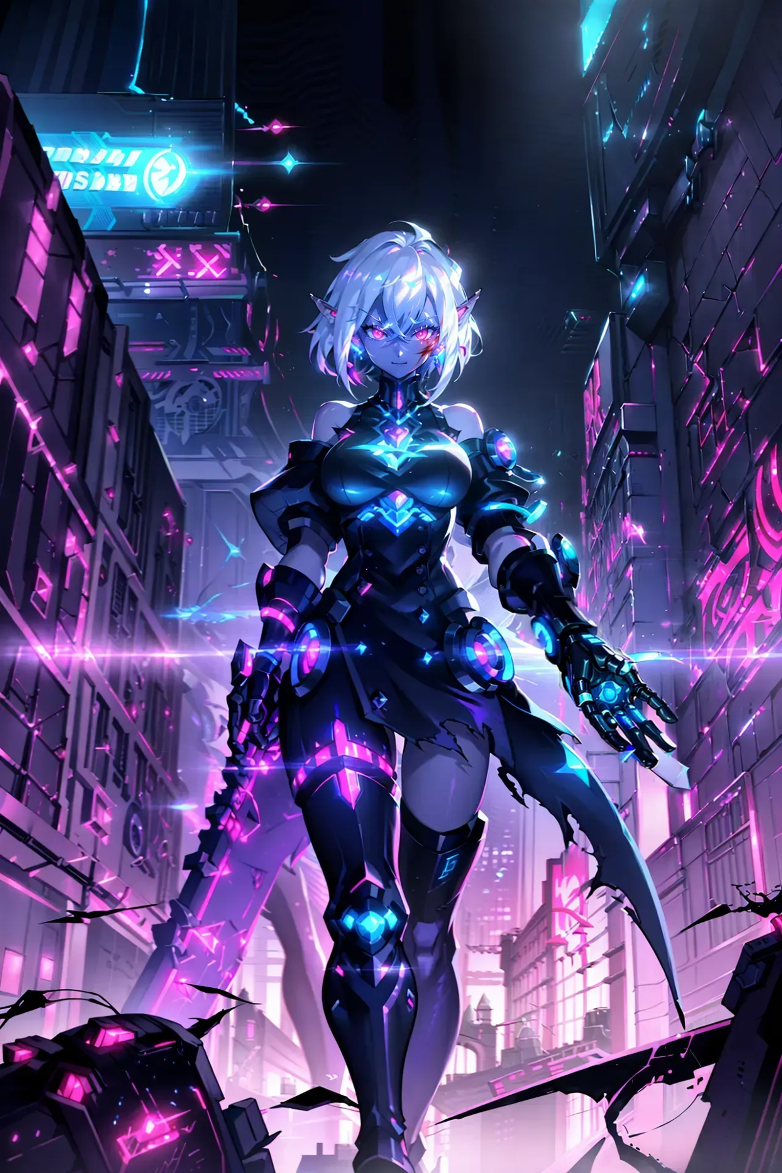 Anime-style female character with purple hair and a long tail, holding a gun in a futuristic city.
