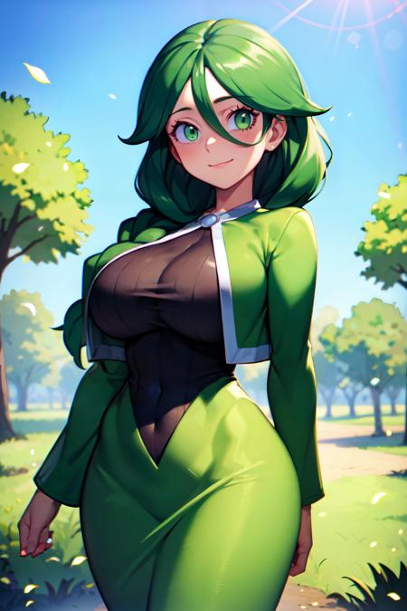  cheryl (pokemon), green eyes, single braid, hair over shoulder, green jacket, long dress,