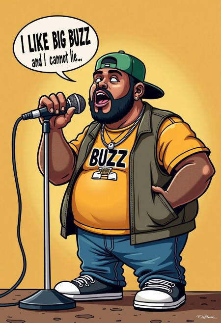 a big-boned male hiphopper with a cap and a basket shirt, singing into a microphone, with a speech bubble above him with the text "I LIKE BIG BUZZ and I cannot lie". the style is funny cartoon