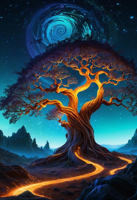 Surrealism - Vibrant fantasy concept art. Medium shot. A mesmerizing, glowing aura surrounds a sprawling, ancient tree, its gnarled branches tangled with glittering, ethereal gratings that seem to hold a thousand shimmering thoughts. Deep color. Fantastical, intricate details dance across the gratings, as if the tree itself is a nexus of swirling, cosmic energy. Splash screen. Complementary colors of sapphire and amber illuminate the scene, with hints of rose and mint. Best quality, 8k resolution, Unreal Engine 5. Detailed matte painting. Fantasy environment. Mystical atmosphere. Glowing accents. Shimmering light.