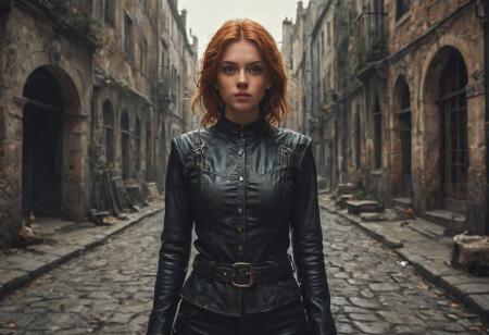 Full body shot. Ultra detailed illustration, cell shaded, cell shading style. A beautiful rogue woman with brown eyes and ginger hair. Wearing black leather uniform, very pale, medieval street environment
Wide range of colors., Dramatic,Dynamic,Cinematic,Sharp details Insane quality. Insane resolution. Insane details. Masterpiece. 32k resolution.
<lora:add-detail-xl:0.95> <lora:dvr-lnds-sdxl:0.3> dvr-lnds-sdxl <lora:MJ52:0.25> <lora:ral-apoctvisn-sdxl:0.3> ral-apoctvisn <lora:zavy-cntrst-sdxl:0.35> dark, chiaroscuro, low-key <lora:zavy-rmlght-sdxl:0.41> zavy-rmlght <lora:SDXLFaeTastic2400:0.225>