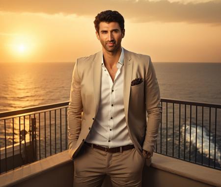 Nautical-themed (Photo:1.3) of (Ultrarealistic:1.3) <lora:Man_Men_FFashion:1> david benioff a man <lora:adityark-davidbenioff:1> in a tan suit standing on a balcony, sun behind him, inspired by Pablo Munoz Gomez, shot at golden hour, editorial photograph, midshot of a hunky, by Roman Bezpalkiv, by Artur Tarnowski, maxim sukharev, by Gabor Szikszai,Highly Detailed,(Mono Color:1.3) . Sea, ocean, ships, maritime, beach, marine life, highly detailed