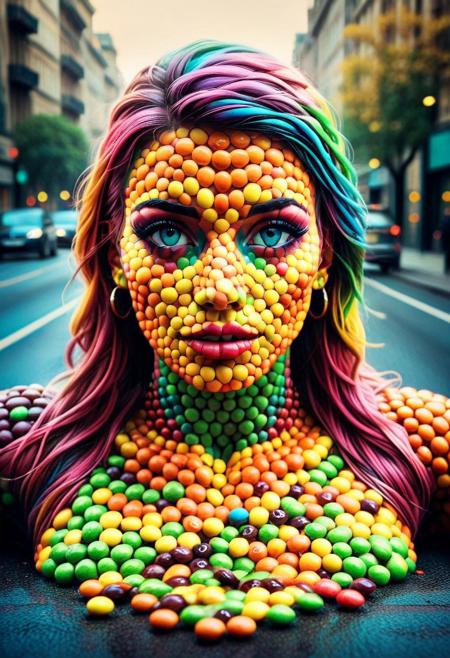 inkpunk, Skittles, Taste the Rainbow, city street, road made of skittles, detailed background, Detailed face, detailed eyes, perfect eyes, absurdres, high quality, masterpiece, very aesthetic
