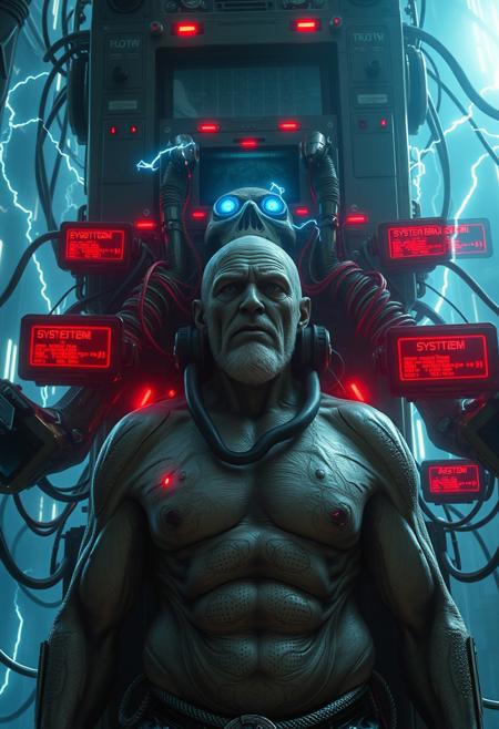 Sexual, suggestive, Bodyhorror, Big tall old sexy gay bodybuilder granddad, HR Giger sci-fi horror film, dark cinematic sci-fi atmosphere, blame! Megastructure by tsutomu nihei, biomechanic cyborg plugged into machine with many big cables and colorcoded wires, multiple robotic arms coming out of his back like a god of illusion, huge tubes connected to body, organic fleshy components and pale wet skin with large musclefibers, machine god embedded into huge cybernetic throne, glowing blue eyes that emit electric lightning, short-circuit, thunderbolts, red glowing Datastream surrounding cables, screen in back with a lot of binary code on it, red holographic screens with errorcode and exclamation marks floating around  god, one screen displaying "SYSTEM BREACH!", calm serene stoic expression on machine gods face
