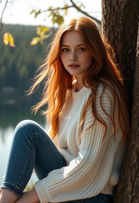 A surreal and hyper-realistic scene featuring a classical beauty with beautiful ginger hair, wearing blue jeans and a white jumper. The intricate details of her attire are highlighted, set against a dreamy, ethereal lake background. The scene is illuminated with soft, magical lighting, enhancing the otherworldly and enchanting atmosphere, sitting in a tree overlooking the forest and lake. It is sunny.
surreal, hyper-realistic, classical beauty, blue jeans, white cozy jumper, beautiful brown eyes, pale white skin, pale skin, freckles, intricate details, dreamy background, ethereal, warm magical lighting, warm lighting, enchanting, visually stunning, high quality, detailed, sharp clarity, breathtaking, elegant, graceful, relaxed, small gentle smile, cute, redhead, sexy, 
looking at viewer, long hair, pretty girl, small medium breasts, beautiful girl,