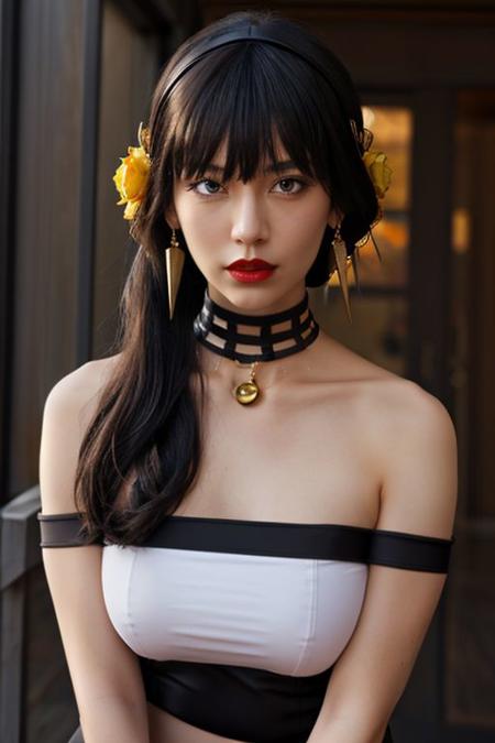ANIME_SpyXFamily_YorForger_ownwaifu, yor briar,
1girl, black hair, red eyes, bangs, breasts,  long hair, large breasts, collarbone, hair between eyes, red lips, short hair with long locks,
cleavage, sidelocks, black dress, jewelry, earrings, hair ornament, hair flower, bare shoulders, gloves, gold hairband, rose, black thighhighs, two-sided fabric, sleeveless, two-sided dress, zettai ryouiki, sleeveless dress, choker, gold earrings, yellow flower, black choker, yellow hairband, necklace,
<lora:ANIME_SpyXFamily_YorForger_ownwaifu:0.8> 
(masterpiece),(best quality),(highres),(extremely detailed CG unity 8k wallpaper), cowboy shot, looking at viewer, solo, focused, outdoors, day,
