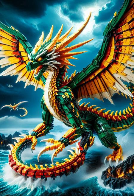 digital art images, beautiful, fantasy, and complex, detailed portrait , 
Lego set eastern_dragon made of lego
Flying:1.4, roar:1.4, /(wings spread wide/)
fiery colors, deep green, electric yellow, molten golden edges, 
beautiful, 
thunder,bolt
sea, night time, cloudy,
masterpiece, photorealistic, highly detailed,