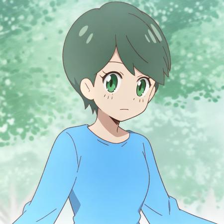 1girl, solo,short hair, green hair, blue dress, long sleeves, green eyes, 