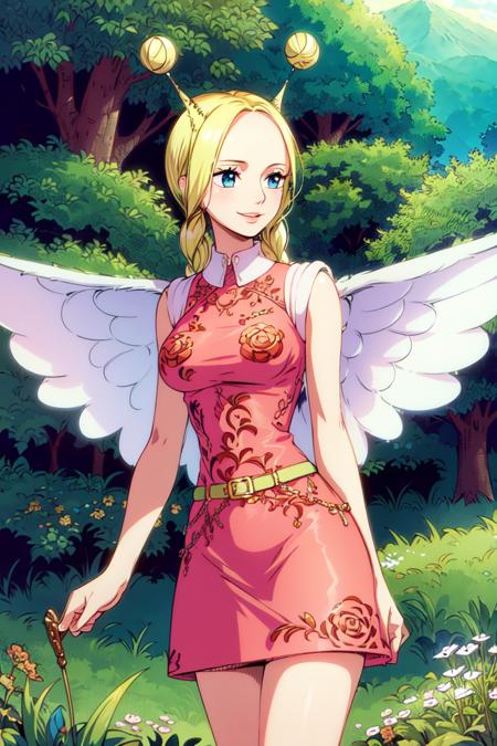 masterpiece, ((ultra detailed background, delicate pattern, intricate detail)), (highly detailed, fine details), best quality, beautiful lighting, ((medium breasts, slim girl)), Conis, 1girl, solo, blonde hair, wings, twin braids, smile, dress, blue eyes, bun, complex detailed background, blue sky, grass, trees, nature environment, (cowboy shot),   <lora:Conis:0.75>