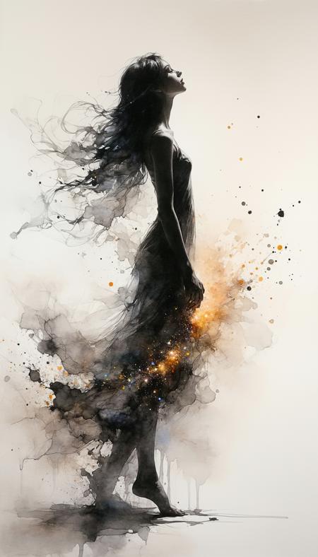 Ink art, watercolor painting, charcoal shadows: As the words "whymsicalmasterpiece" are thrown forward, this is an intricate masterpiece. At that end of its world, where everything comes alive, it appears to be lost in thought by its mysterious aura. The title "the heart-felt dancer" are enigmatic. Instead of standing on top, she has long and shimmering brown furry with sparkles of pure energy. Focus: knowing eyes, female features, girl at center. Atmosphere of nostalgic tenderness, quiet contemplation; hints of baking spices, a hint of steam.